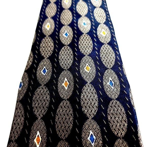Albert Nipon Blue Beige Tan Geometric Jacquard Print Short Wide Silk Tie - Picture 2 of 7